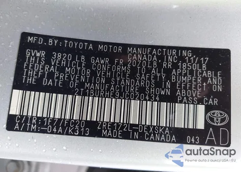 2018 Toyota Corolla Se from USA, damaged, VIN 2T1BURHE9JC020434